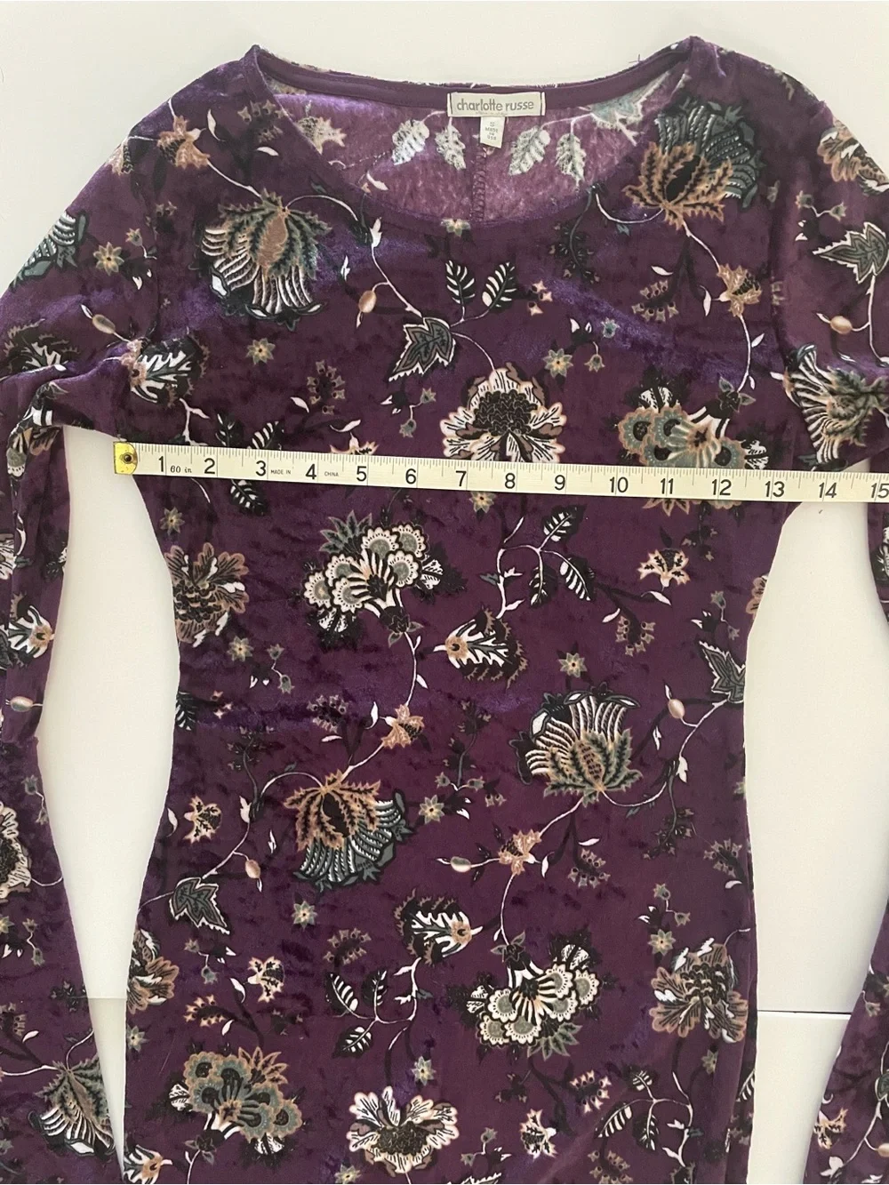 Charlotte Russe Purple Floral Velvet Bell Sleeve Boho Mini Dress Size Small